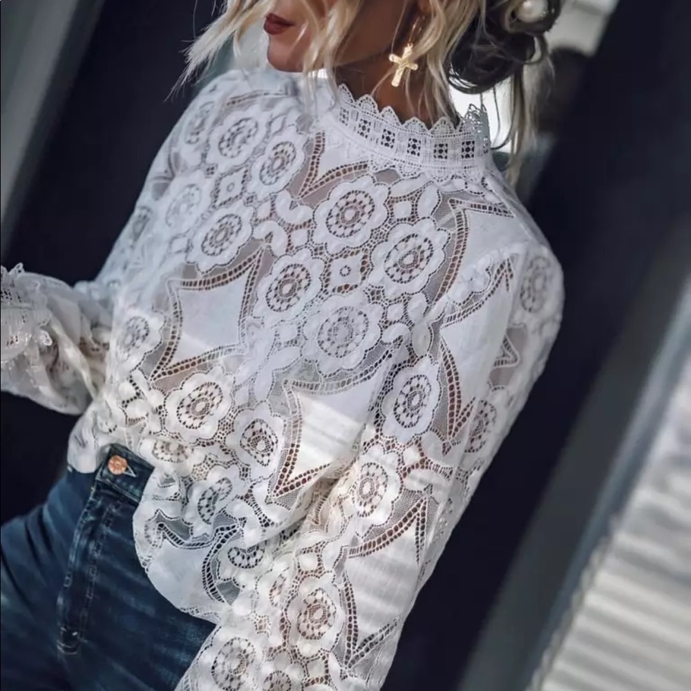 Long Sleeve High Neck Lace Blouse White Boho Chic - Picture 3 of 16